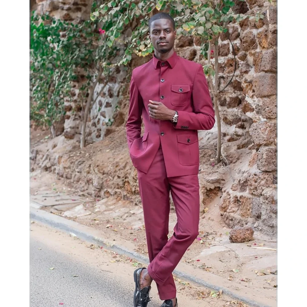 

Бордовые мужские костюмы, комплект из 2 предметов, три кармана, однобортный дизайн, повседневная одежда для выпускного вечера, жениха, свадебные наряды, блейзер + брюки на заказ