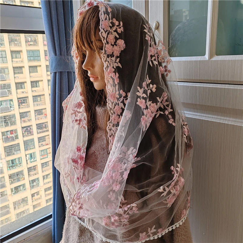 Infinity Pink Floral Women Mantilla Veils Catholic  Mass Church Head Covering Vintage Chapel Embroidered Tulle Flowers
