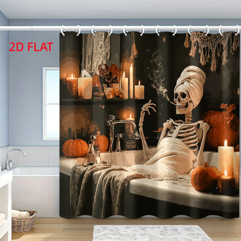 Halloween Skeleton Shower Curtain, Spooky Bathtub Scene, Gothic Horror Bathroom Decor, Pumpkin & Candle Print, Dark Aesthetic