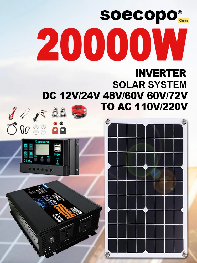 SOECOPO 20000 W komplettes Solarsystem-Set, 500 W Solarpanel, 100 A, Controller-Wechselrichter (2 Steckdosen), 12 V/24 V, 110 V/220 V, für Zuhause, Camping