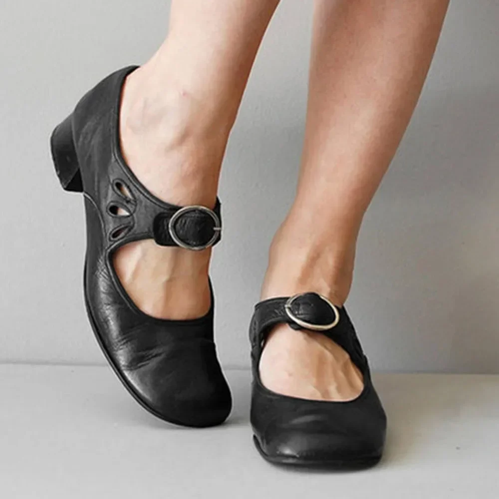 Chunky Heel Women  Shoes Low Heel Strap Pumps Soft Leather Sweet 2025 New Spring Women Shoes Walking Comfy Big Size image 2