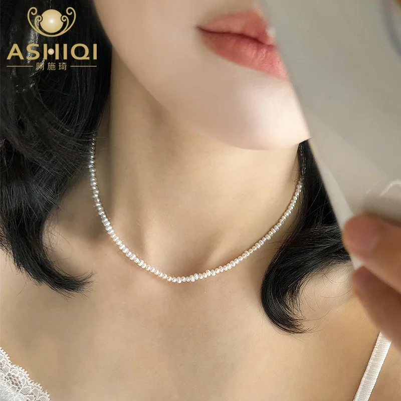 

ASHIQI 925 Sterling Silver Natural Freshwater Pearl Necklace Wedding Jewelry for Women