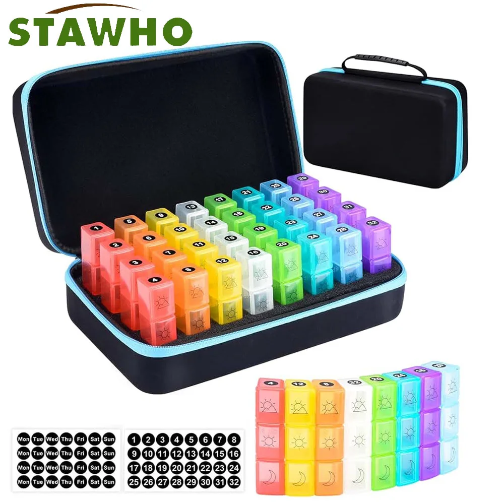 

Ежемесячный органайзер для таблеток на 3 приема в день, портативный контейнер для лекарств с жестким корпусом, коробка для таблеток на 32 дня с ежемесячными наклейками