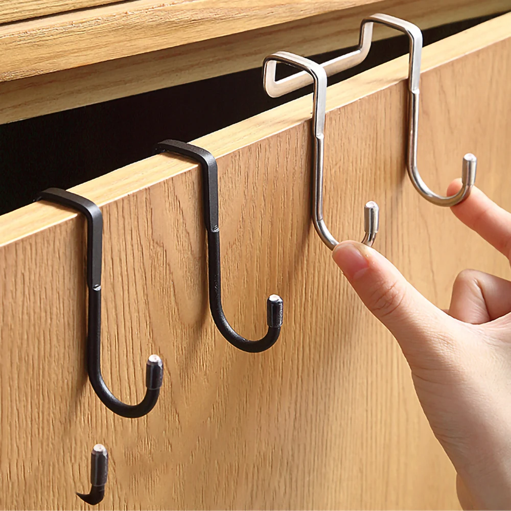 2PC Stainless Steel Hook Free Punching Double S-Shape Hook Kitchen Bathroom Cabinet Door Back Type Coat Towel Storage Hanger