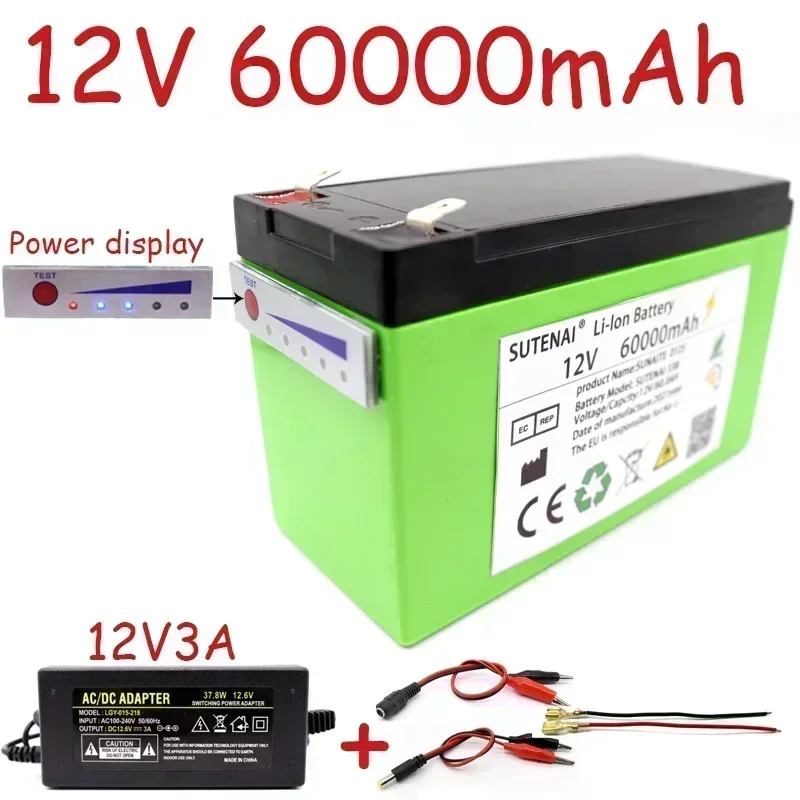 

2022 New power display 12v60a 18650 lithium battery pack is suitable for solar energy and electric vehicle battery + 12.6v3a cha