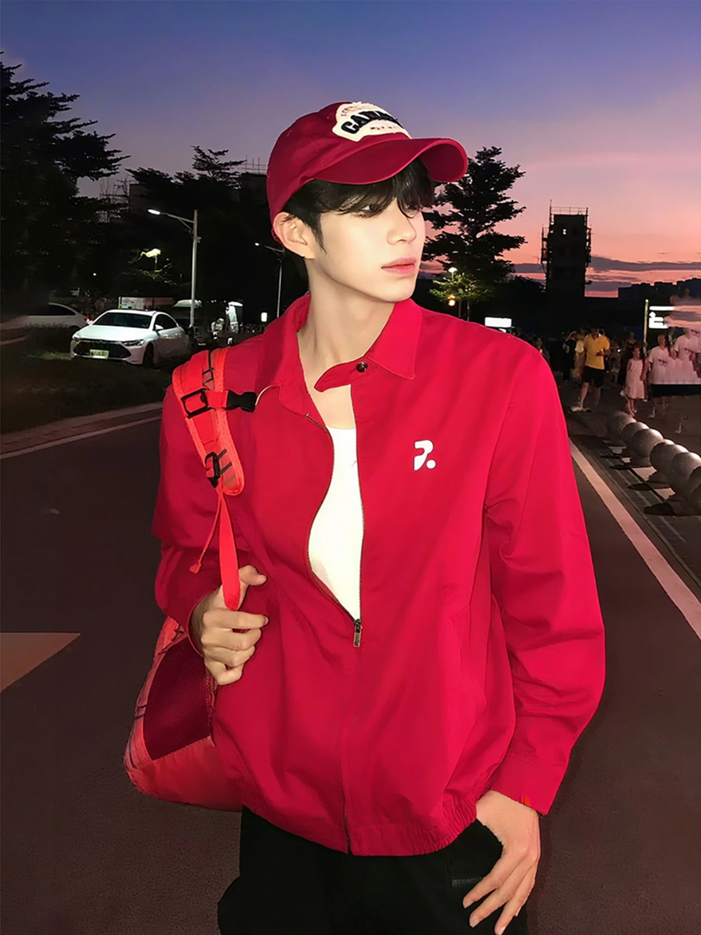 

Red Baseball Jaet Men's Casual Cleanfit American Retro Workwear Harington Sle Long Sve Zipper Closure No-Collar Jaet