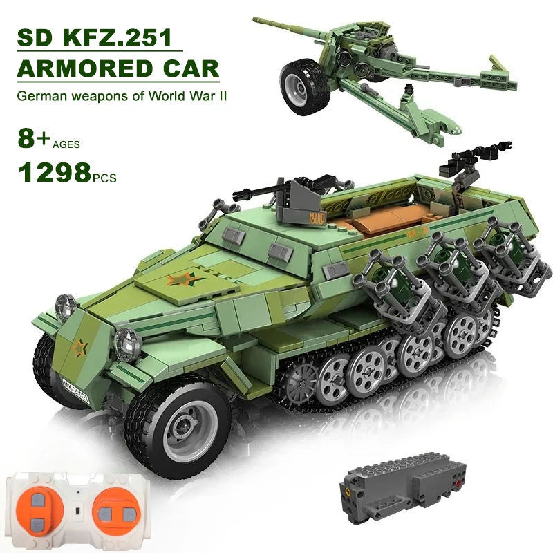 WW2 Germany Military Tank Building Block, Army SD, KFZ.251, Half Tracked Armored Vehicle, Cannon Weapon, Model Brick Toy for Kid