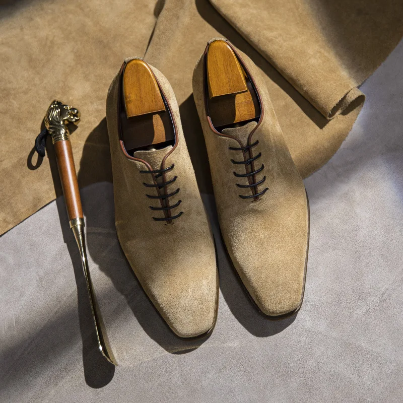 Men Formal Leather Shoes Genuine Leather Lace Up Khaki Yellow Men Dress Shoes High Quality Fashion Wedding Oxford Suede Shoe Man