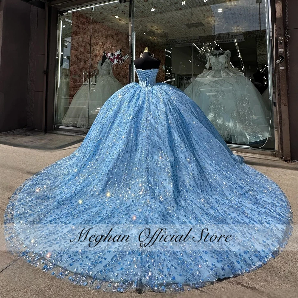 Blue Strapless Quinceanera Dress 2024 Beaded Prom Dress Ball Gown Sparkly Pleats Luxury Sweet 16 Robe De Bal