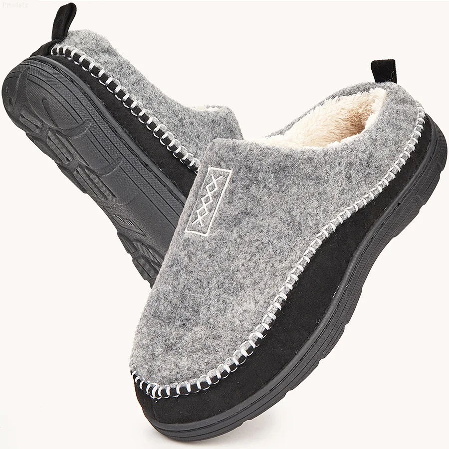 Chinelos de casa masculinos linha de costura cor contrastante fuzzy quente confortável espuma de memória sapatos internos inverno chinelos casuais