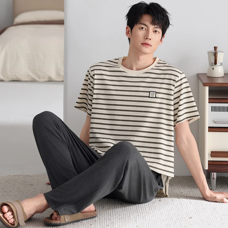 2026 Summer Plus Size  Short Sleeve Long Pants Modal Pajama Sets for Men Korean Casual Striped Sleepwear Pyjama Homewear Clothes