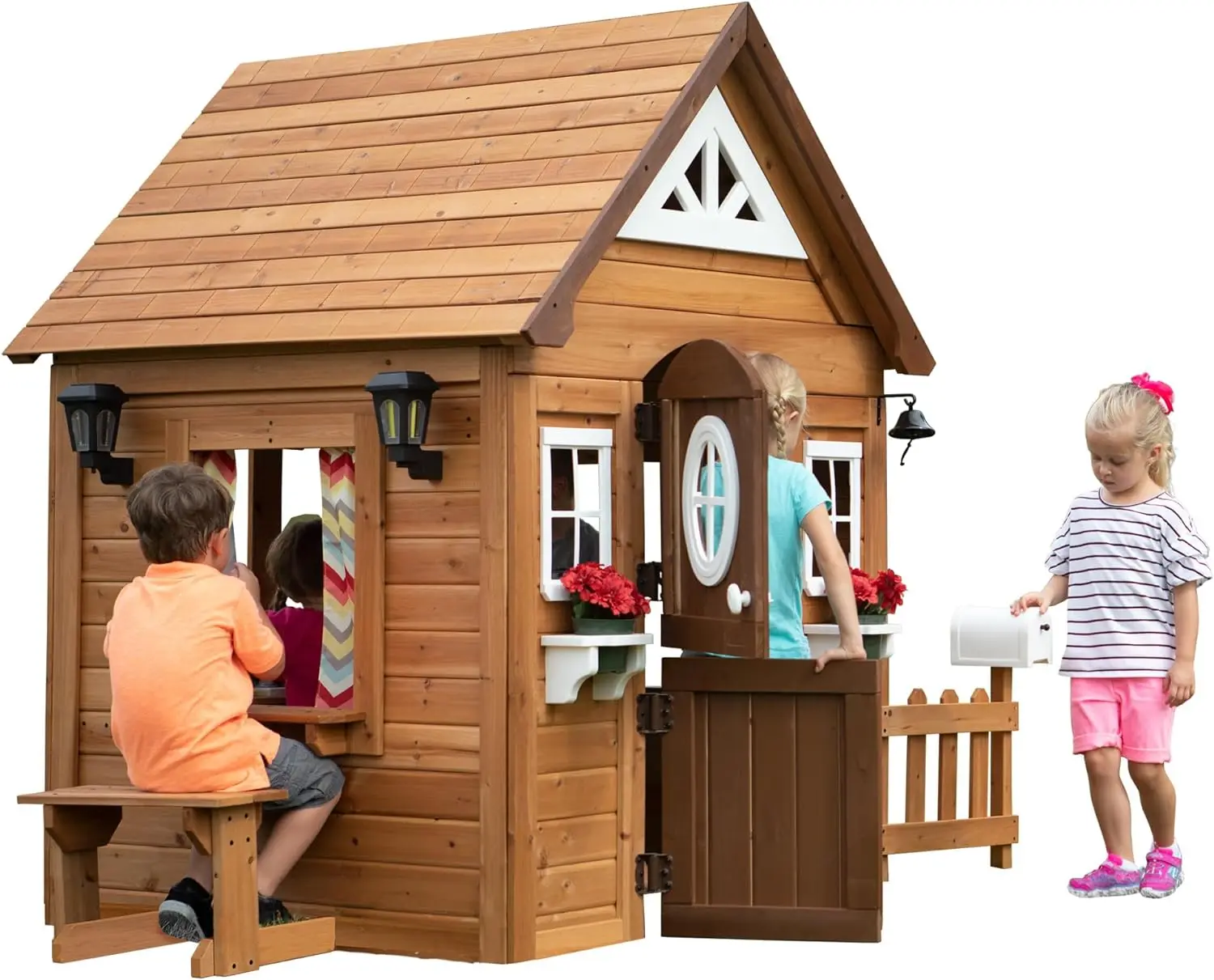 

Backyard Discovery Aspen All Cedar Wooden Playhouse, Country Style, Dutch Front Door, Flower Pot Holders, Stove, Sink, Plastic