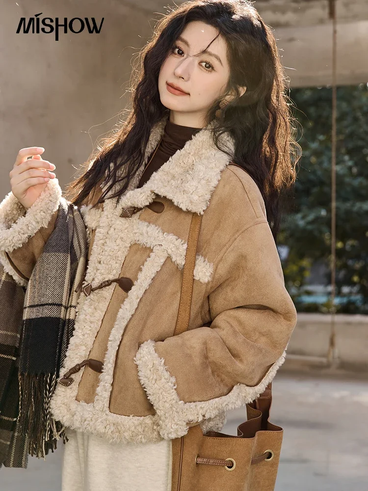 MISHOW Cow Corner Button Jacket Female Vintage Long Sleeve Lamb Wool Outwear 2024 Winter Warm Lapel Thicken Coat MXD35W0492