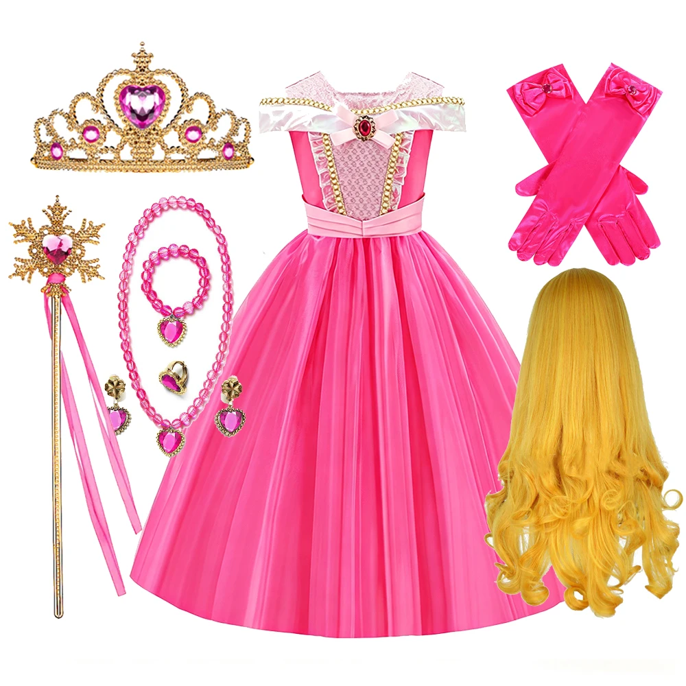 Kinder Rosa Feenprinzessin Kostüm Mädchen Geburtstag Schulterfreies Ballkleid mit Krone Zauberstab Handschuhe Set Kinder Halloween Kostüme – Detail 7