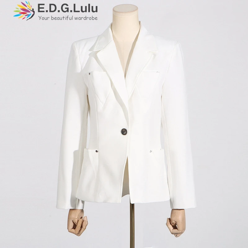 EDGLuLu Women Fashion Long Sleeves White Suit Jacket Casual Office Formal Turn-Down Collar Black Blazer Coat Igh Quality 0110