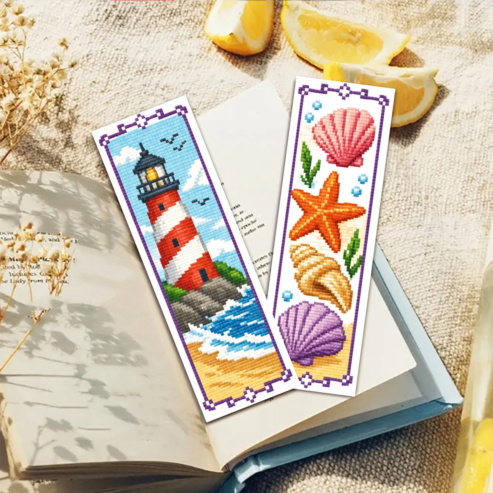 14CT 2 Strands Stamped Embroidery Page Marker Set 6PCS Single-Sided Vintage Stamped Cross Stitch Page Charm 7.87 X 11.81in
