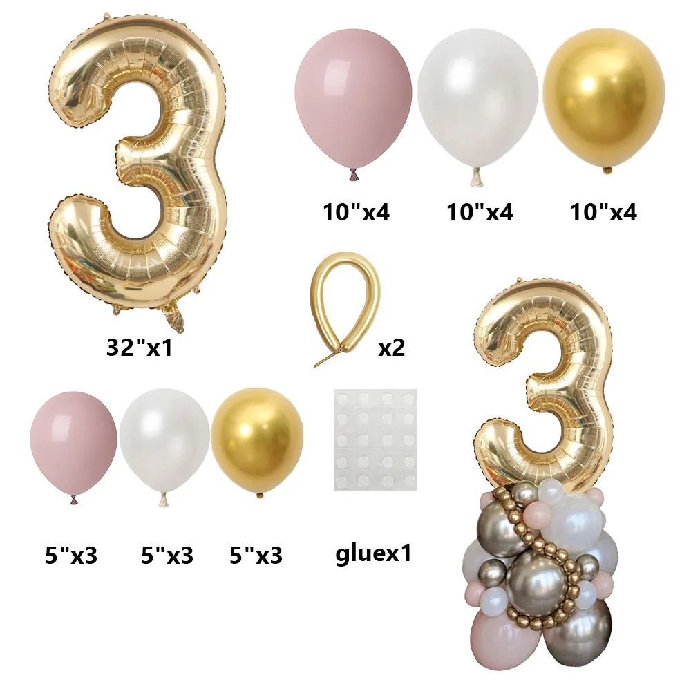 1set Light Gold Number Balloon Tower Pink White Balloons Set For Adult 30 40 50 Birthday Party Decoration Kids Birthday Supplies