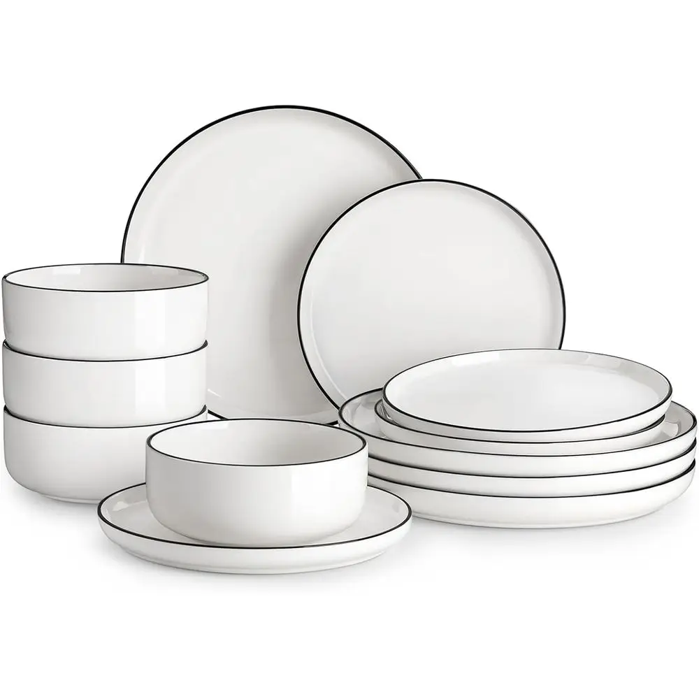 

Plates and Bowls Sets, 12 Pieces Modern Porcelain Dinnerware Set for 4 White Kitchen Dinner Dining Ware Set wtih Black Rim Ceram