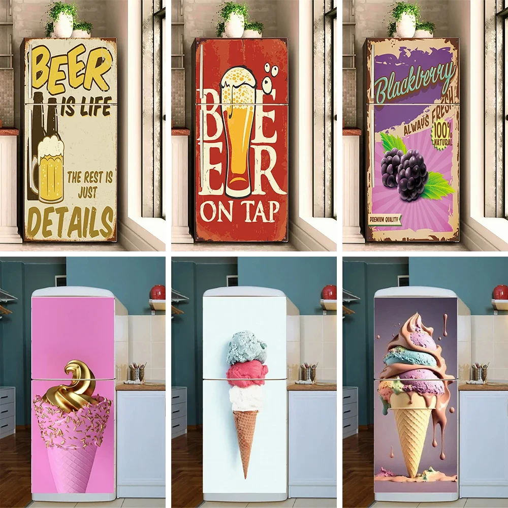 Ice Cream Printed Refrigerator Door Mural Stickers Wateproof PVC Customized Beer Door Wallpaper Fridge Cabinet Wall Art Sticker