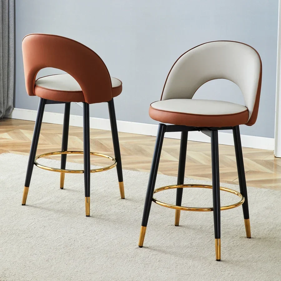 360 ° rotatable bar chair.Modern Brown and Light Gray Spliced Color PU comfortable upholstered bar chair with smooth and beauti