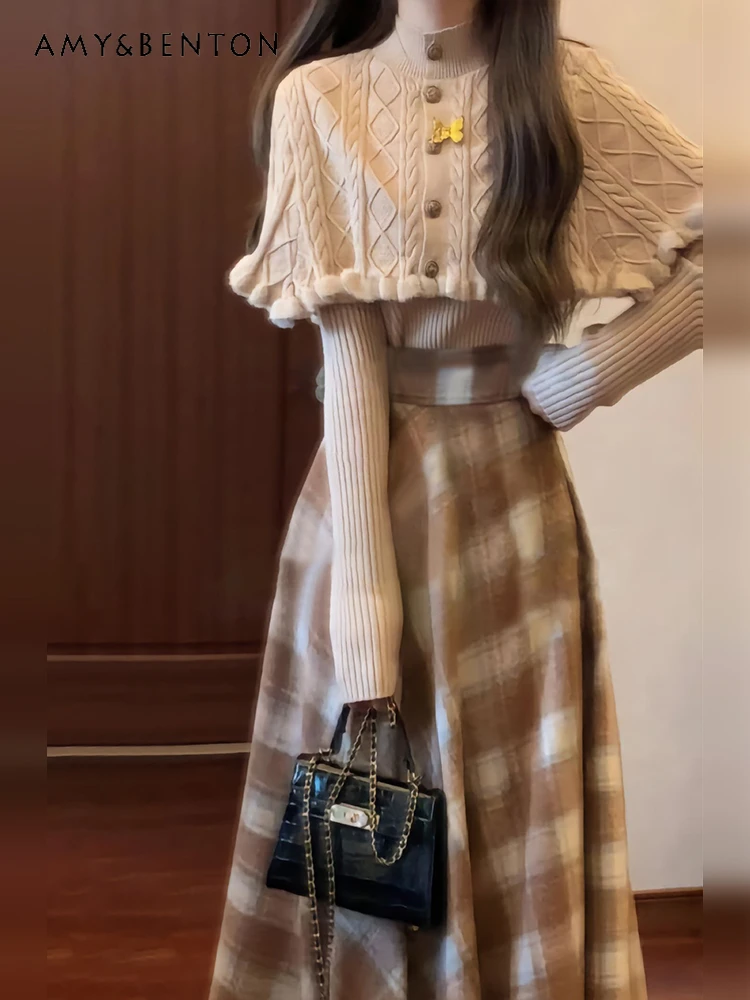 

2025 Spring and Autumn New French Style Knitted Khaki Short Sweater and Shawl Plaid Mid-Length Skirt Three-Piece Set