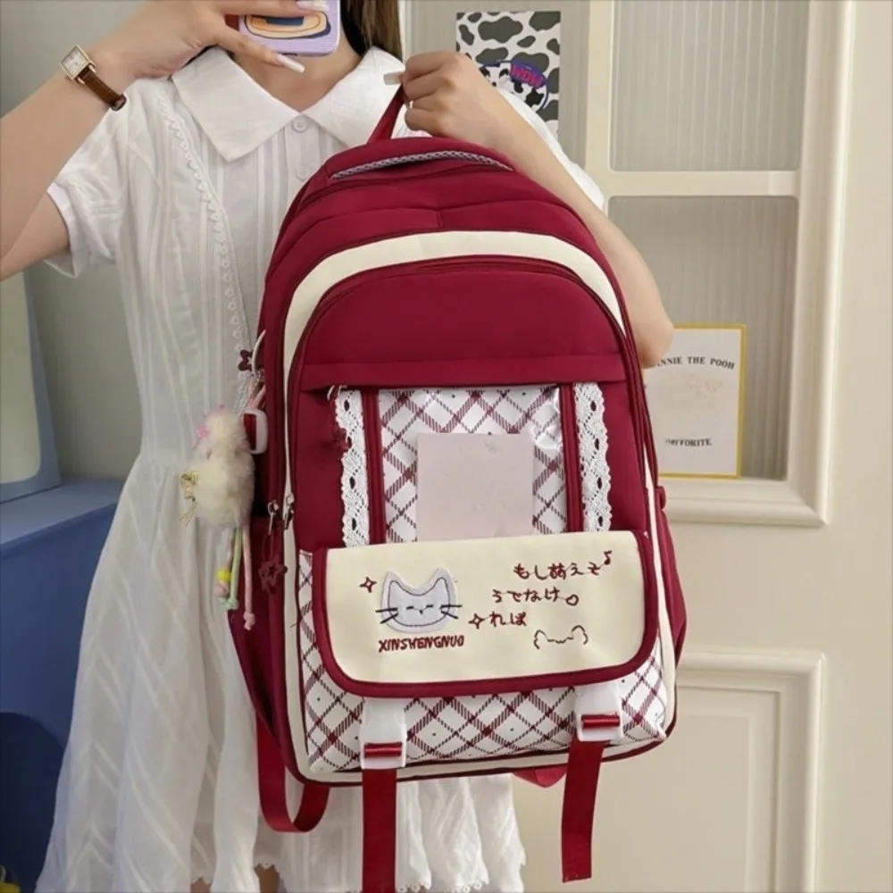 Casual Nylon Hollow Lace Backpack Color-blocked Cute Large Capacity School Bag Transparent Durable Cat Plaid Backpack College