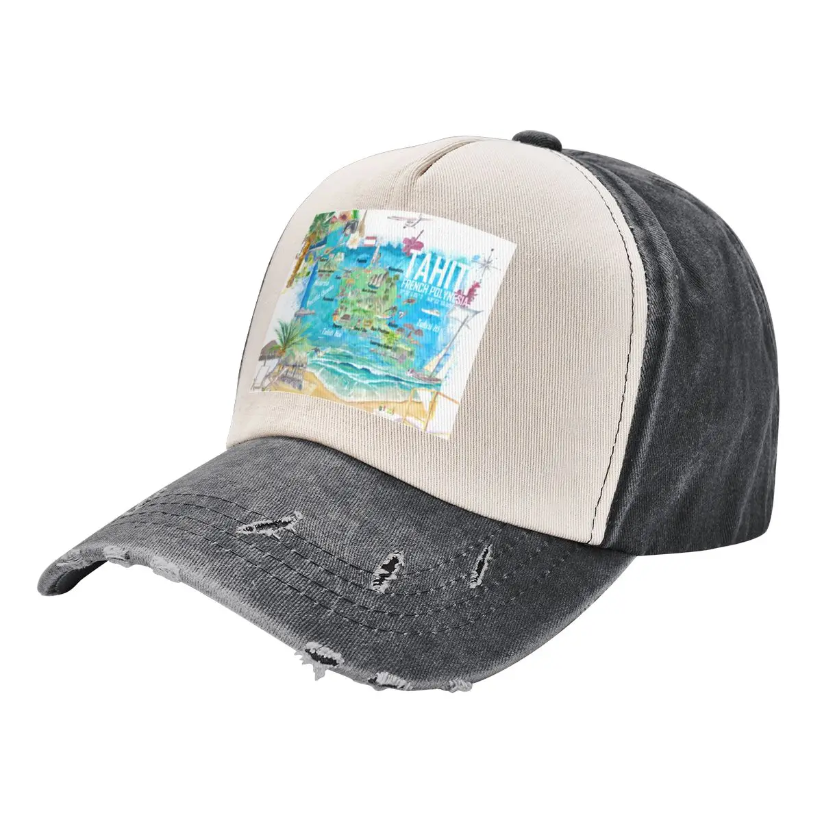 Tahiti Illustrated Travel Map with Roads and Highlights Baseball Cap Sunscreen Bobble Hat Hats For Women Men's