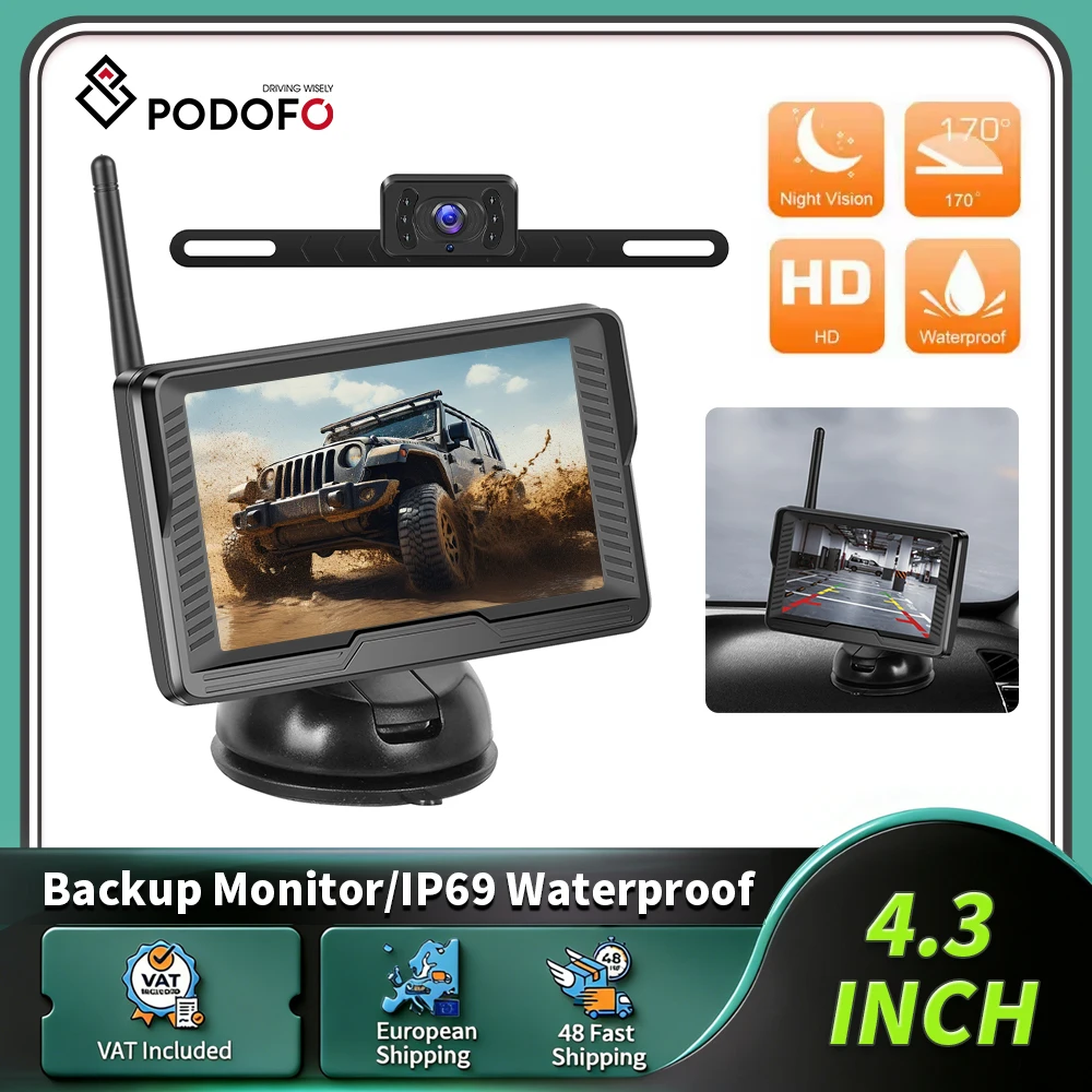 Podofo 4,3-Zoll-Rückfahrkamera-Monitor mit IPS-Bildschirm, kabellose Rückfahrkamera, störungsfreie Rückfahrkamera, wasserdicht, Infrarot-Nachtsicht, kabelloser Farb-IPS-Monitor