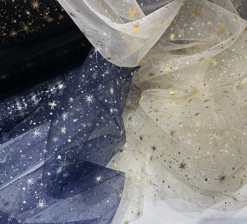 Starry Champagne Dark Blue and Red Bronzing Shiny Fabric Dress Mesh Fabric