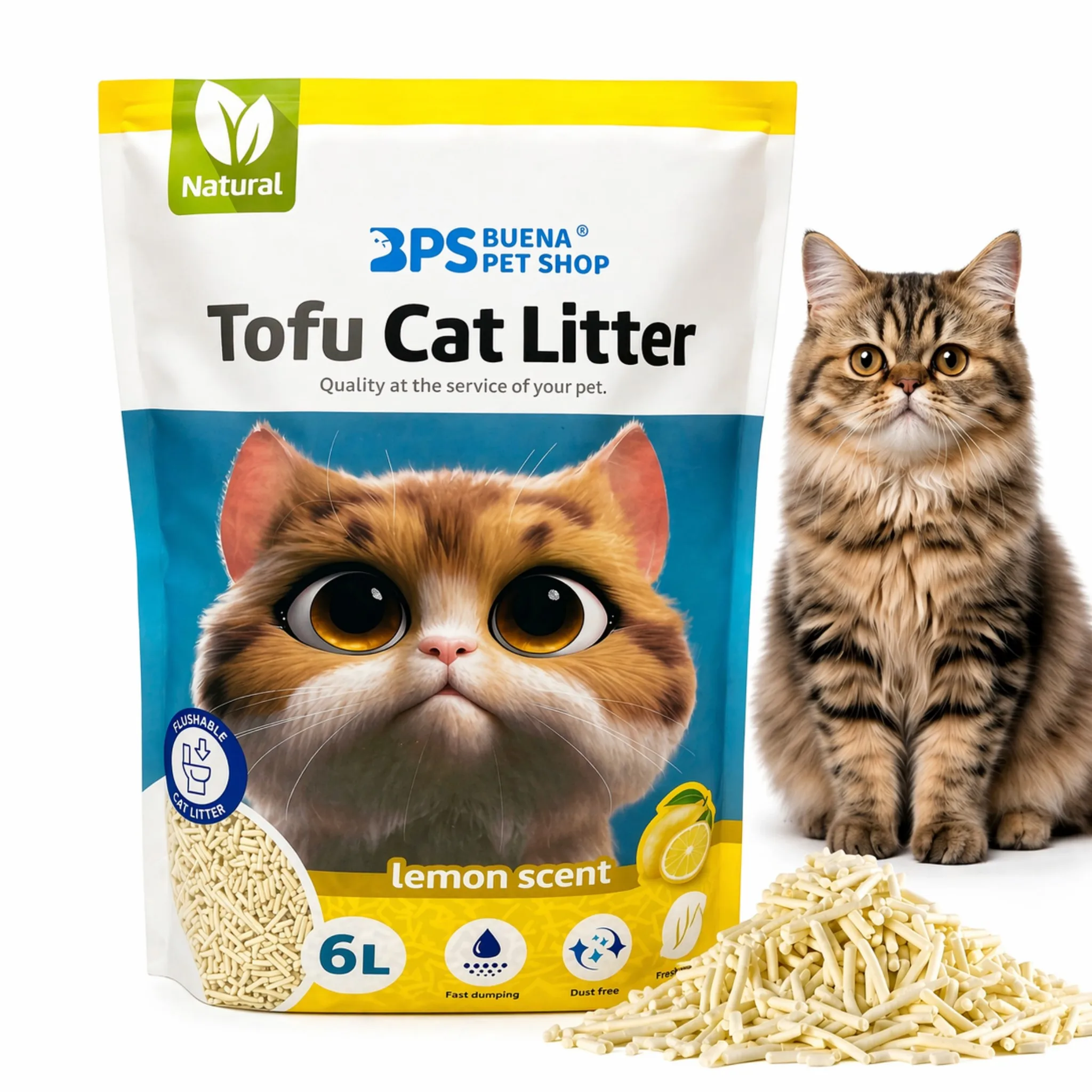 BPS Arena de Tofu para Gatos | Ecológica y Biodegradable, Aglomerante Instantáneo, Ultra Absorbente | Sin Polvo ni Químicos, Control de Olores Duradero, Descartable en Inodoro (Talco Bebé)