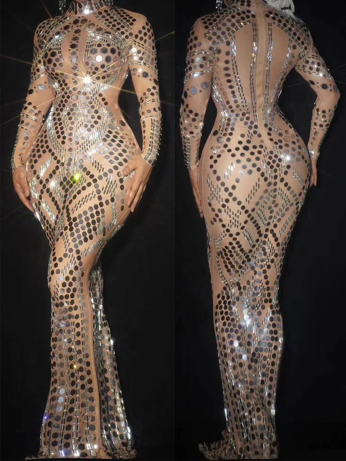 Sexy nu brilhante espelho lantejoulas vestido longo para mulheres noite banquete palco cantor artistas realizar drag queen traje