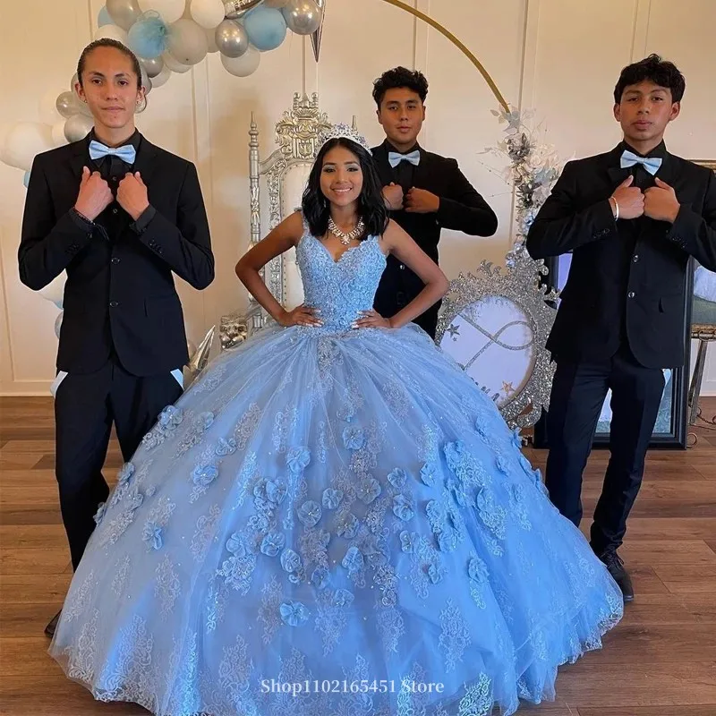 Light Sky Blue Quinceanera Dresses 3D Floral Formal Cinderella Birthday Sparky Sweet 15 Party Dress vestidos Customized