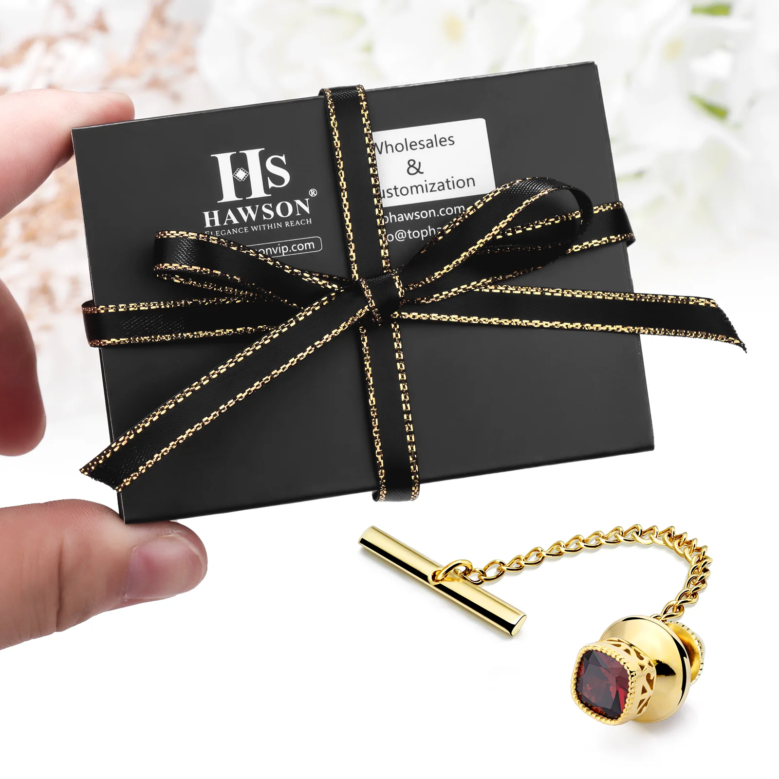 HAWSON Mens Crystal Tie Tack with Chain,Luxury Gold Tie Clip Party Accessories for Men