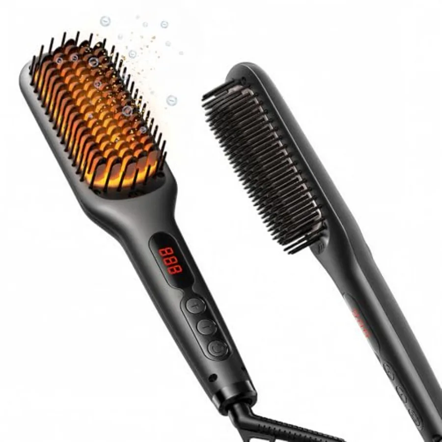 

Pro Ceramic Ionic Hair Straightener Brush for Home Salon, Straightening Hair Brush with 20s Heating Tech, Auto-Off, Anti-Scald