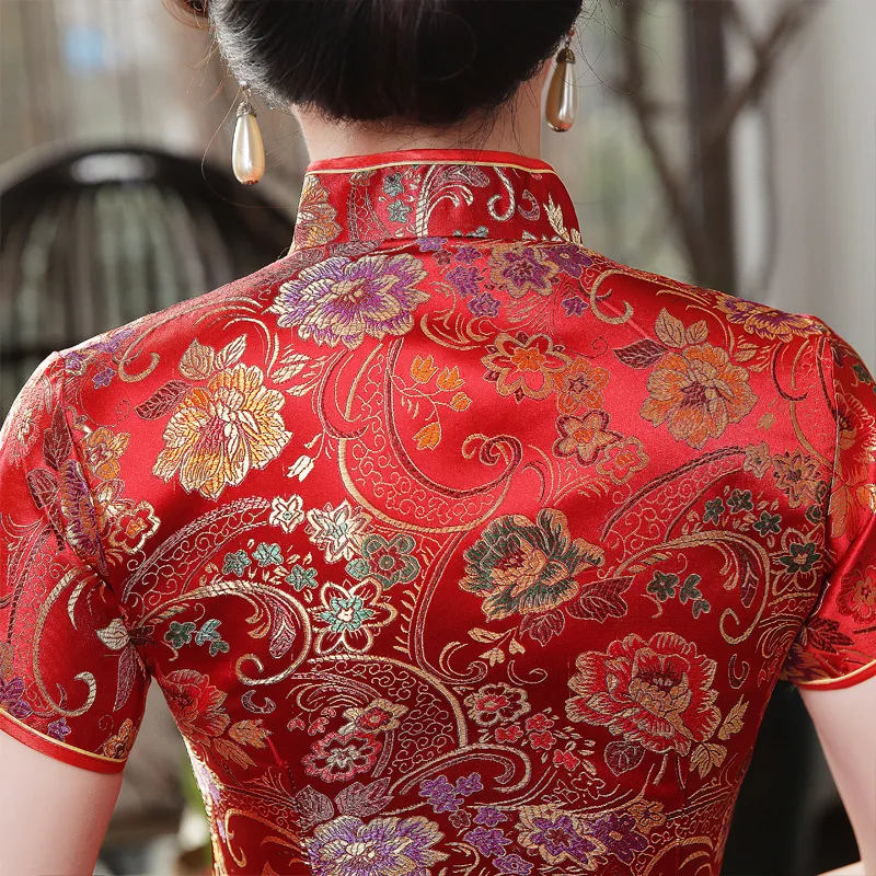 

PLUS SIZE Brocade Satin QipaoChinese Oriental Bride Wedding Dresses Lady Vintage Mandarin Collar Cheongsams Evening Party Gown