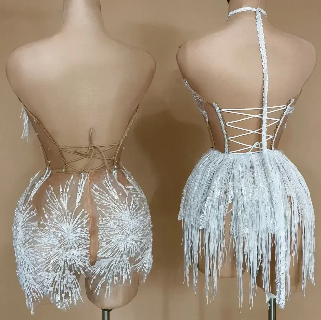 Sexy Mesh Two Pieces Dance Outfit Performance Singer Costume Party Club Show Wear Glitter Pearls Fringes White Women\'s Dress