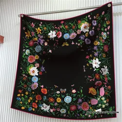 New Year Gift French Plant Flower Tulip High Quality Twill Silk Women Shawl Sun Protection Large Square Scarf Decorative Scarf