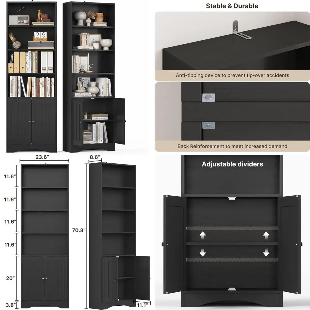 

Floor Standing 6-Shelf Bookcase with Doors, Adjustable Storage Shelves for Books and Display, 71 Tall, Large Capacity Book Stora