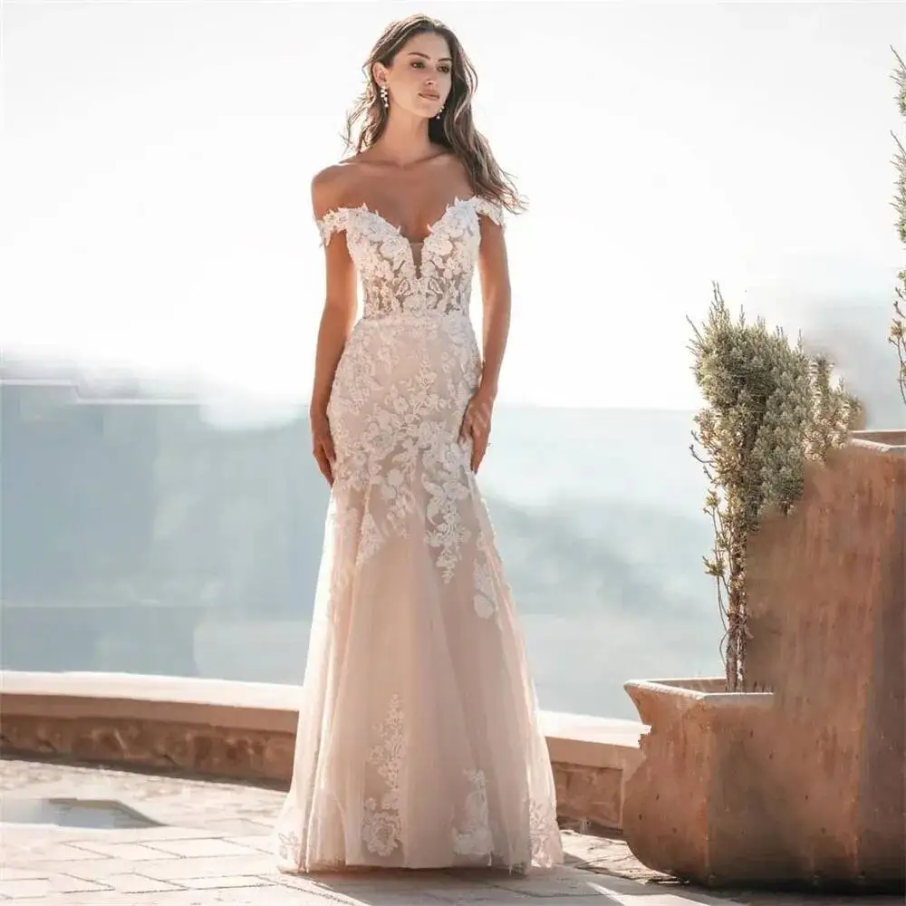 

Сексуальные свадебные платья с открытыми плечами Изысканные свадебные платья русалки с v-образным вырезом Новые халаты невесты с аппликациями и кружевом Vesti De Novia