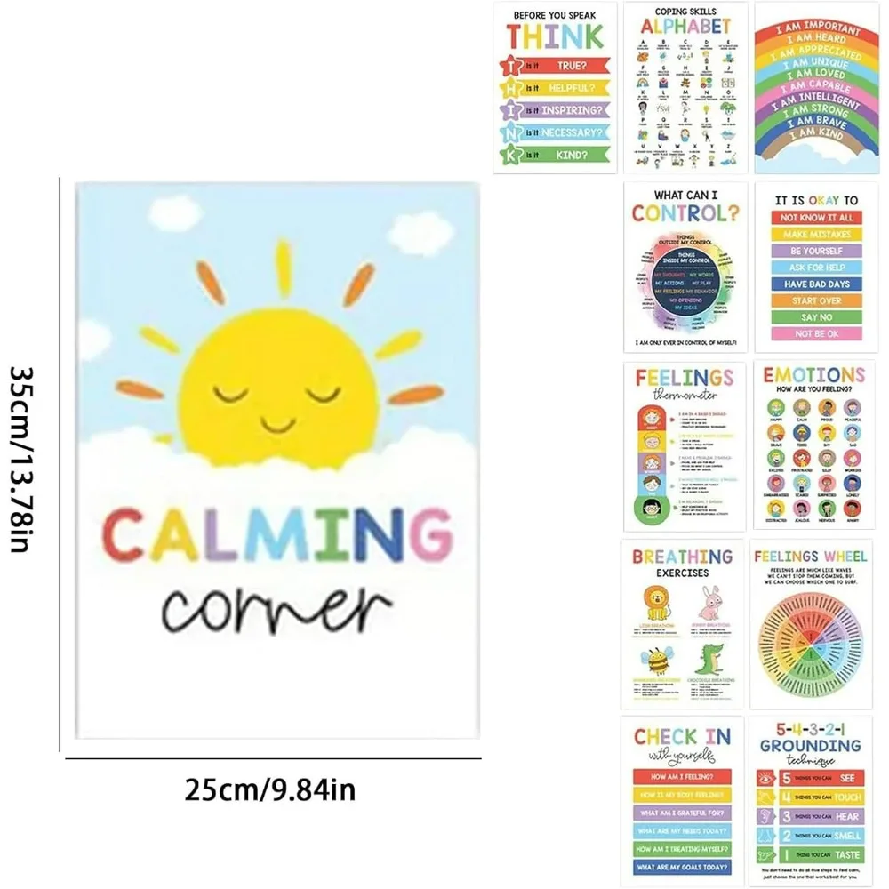 12PCS Calming Corner Posters - Feelings Wheel Chart & Emotions Poster For Kids, Mental Health Classroom Wall Decorations