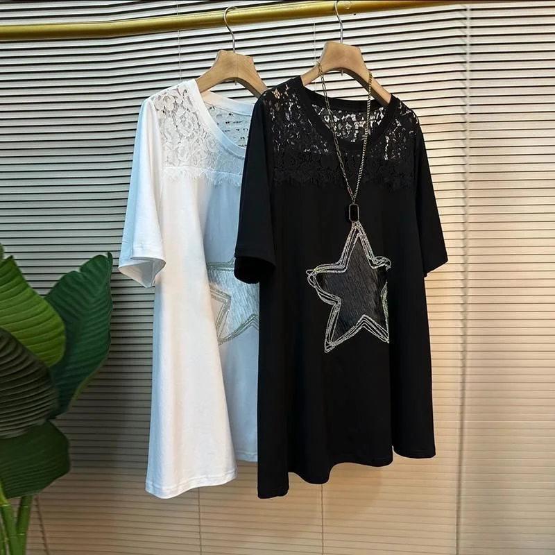 

plus Size 300 Pou Heavyweight Diamond Embellied Anti-Aging Mid-Length ort-Sve T-irt Women Summer Lace Splicing Ho...