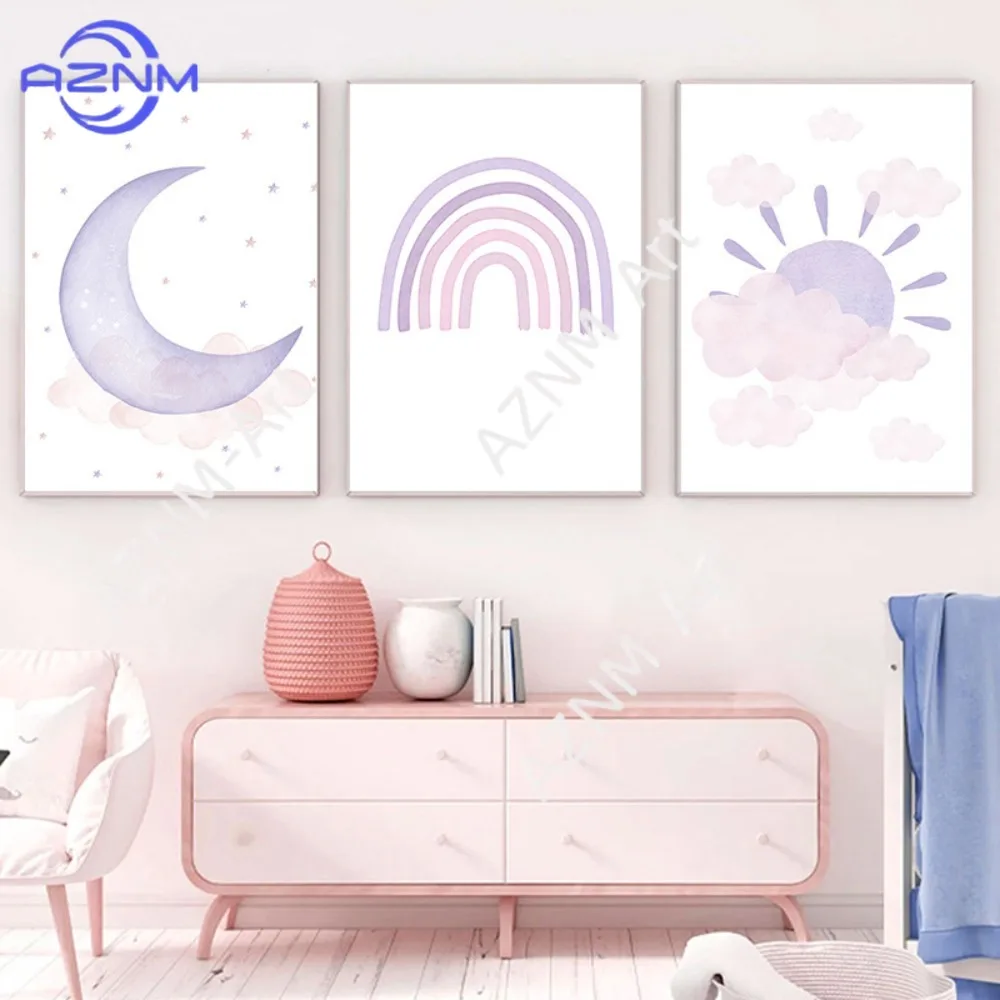 1 Pieza/3 Piezas Mural para Dormitorio Infantil, Acuarela Rosa y Morado, Clima, Arcoíris, Sol, Estrella, Luna, Decoraciones de Pintura en Lienzo para Habitación de Bebé