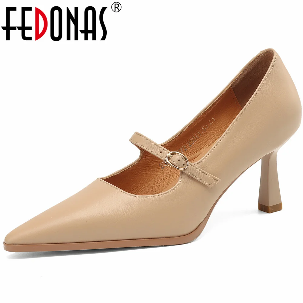 FEDONAS Elegant Women Pumps Thin High Heels Pointed Toe Mature Dress Office Lady Genuine Leather Shoes Woman Spring Summer New