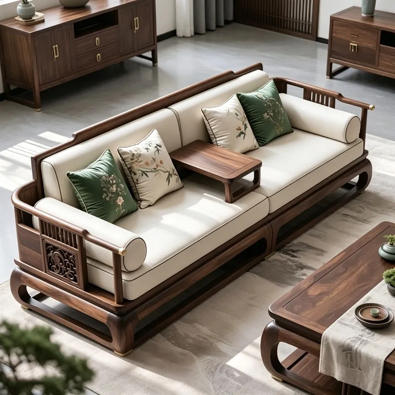 New Chinese Solid Wood Sofa Black Walnut Living Room Carved Living Room Zen Straight Fabric Sofa