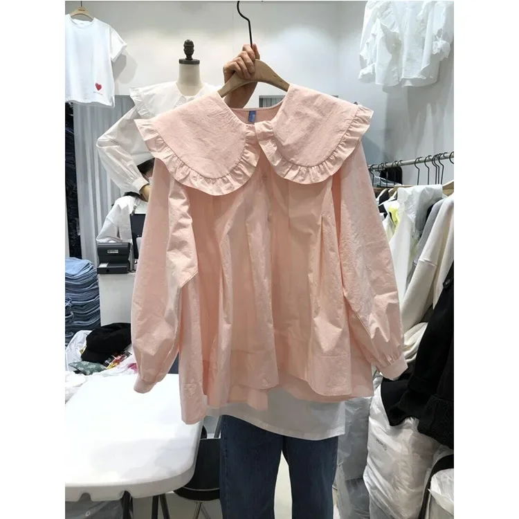 

Vintage Ruffle White Women Blouse Peter Pan Collar Cotton Button Up Shirt Women Tops 2023 Fashion Loose Puff Sleeve Shirts