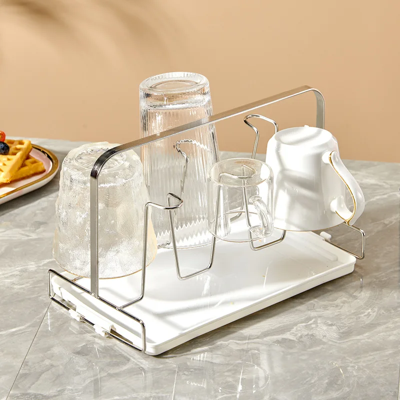 Stainless Steel Cup Holder With Water Collection Tray, Inverted Drain Glass Cups Holder, Metal Household 6 Cups Holder