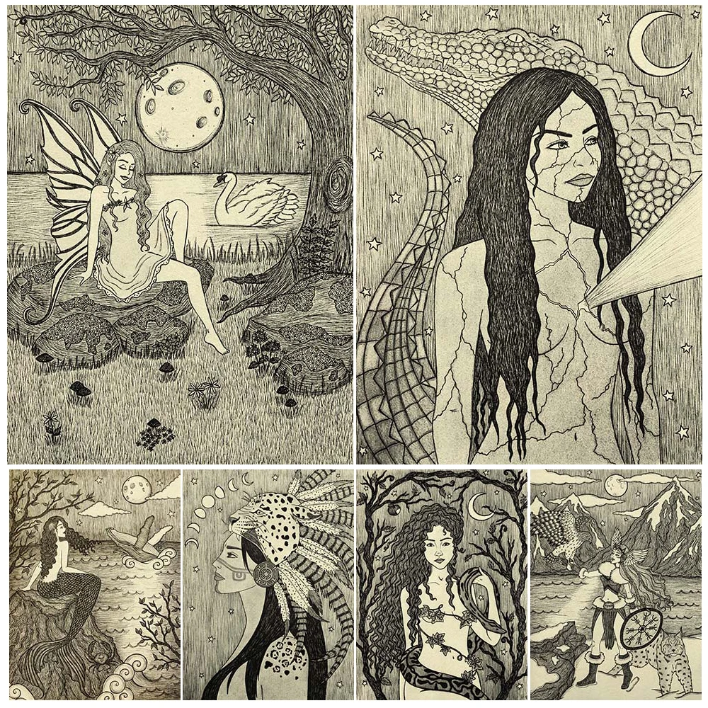 

The Faery Queen And Volva Witch Hawk Lynx Abstract Wall Art Canvas Print Norse Goddess And Pagan Witch Art Poster Print Decor