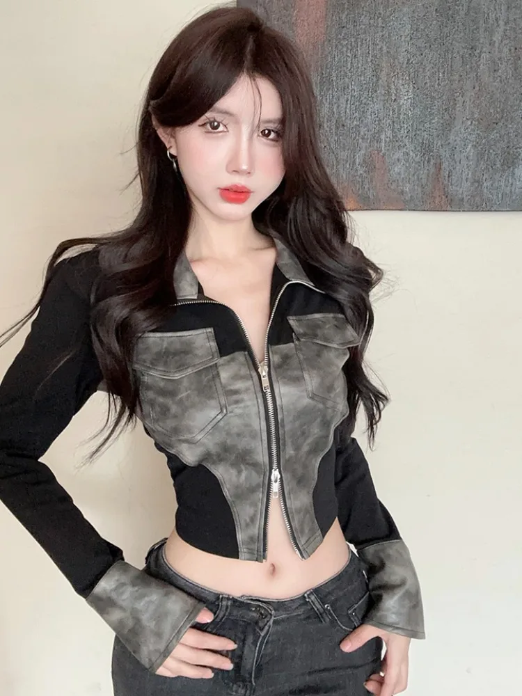 

Slim Fit Short PU Leather Jacket Color Block Design Sexy Girl Style Zipper Cardigan Versatile Inner Wear for Women City Walk