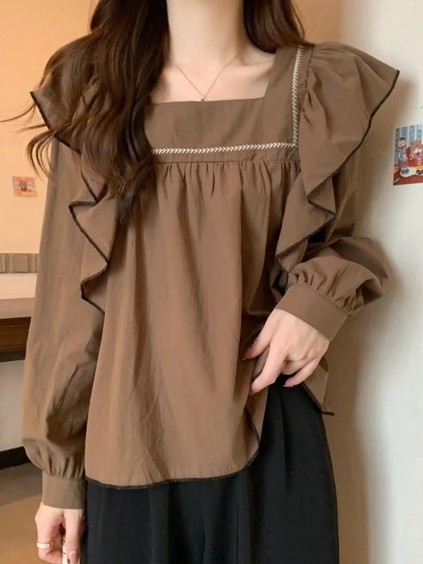 

plus Size Women's Casual Long Sleeve Blouse with Lace Hem Loose Fit Slimming Base Layer Shirt Trendy Commute Style Korean Ver...