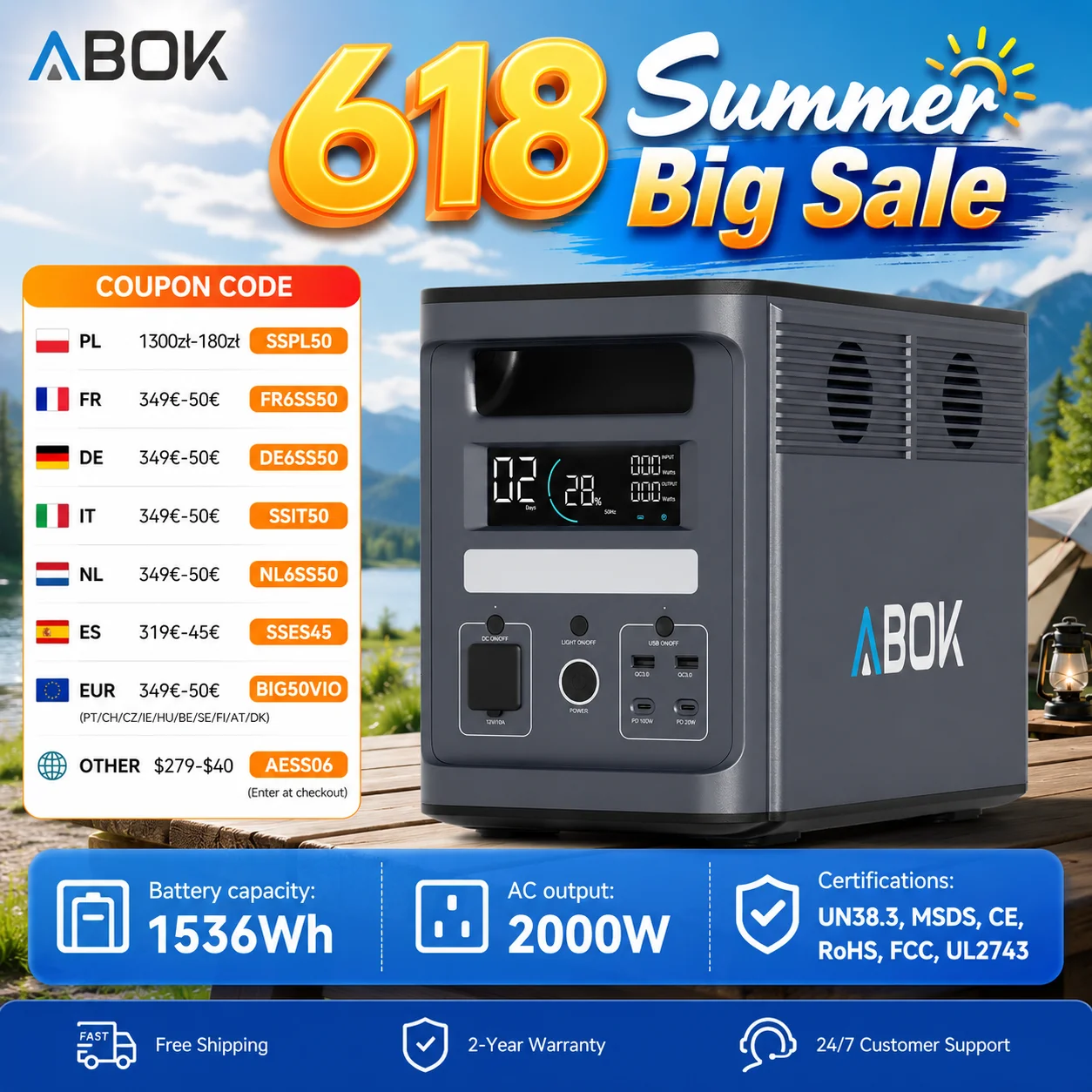 Station d'alimentation ABOK Ark2000 1536Wh avec batterie LiFePO4, générateur solaire AC 2000W pour l'alimentation domestique, le camping, l'utilisation mobile, avec application.
